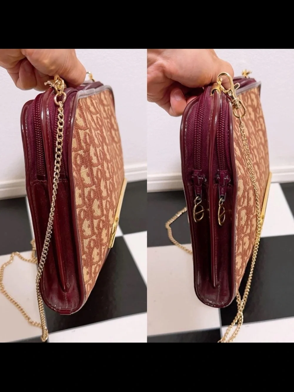 Dior Red-Brown Oblique Canvas Chain Shoulder Bag